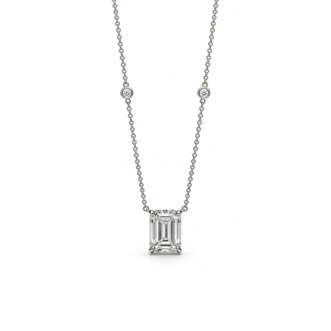 Emerald-Cut Solitaire Necklace with Round Diamond Accents - ETERNAL JEWEL