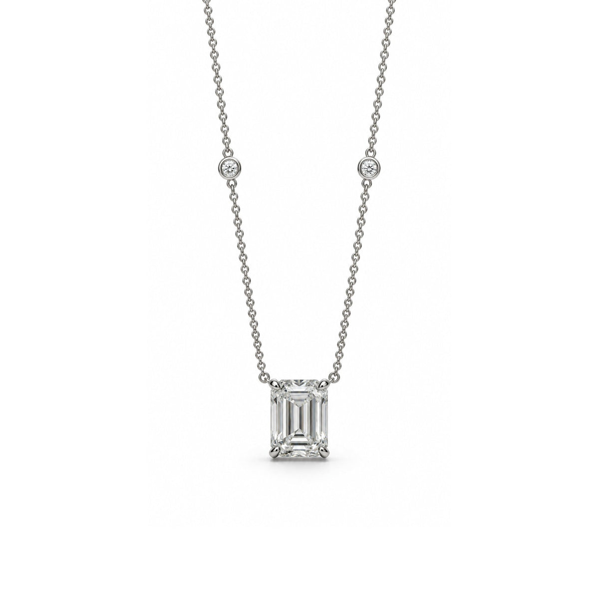 Emerald-Cut Solitaire Necklace with Round Diamond Accents - ETERNAL JEWEL