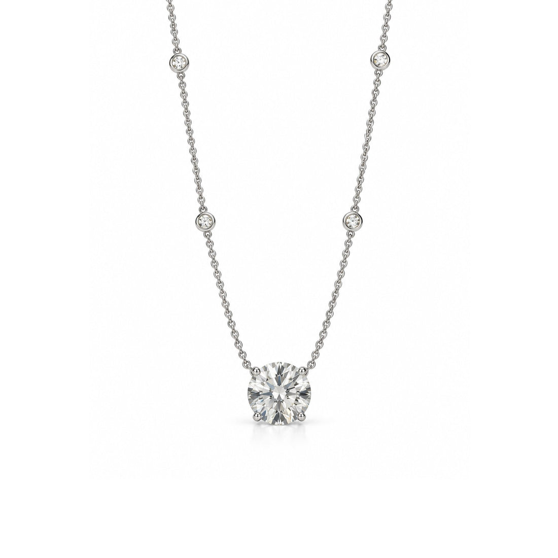 Round Solitaire Necklace with Bezel-Set Diamond Accents - ETERNAL JEWEL